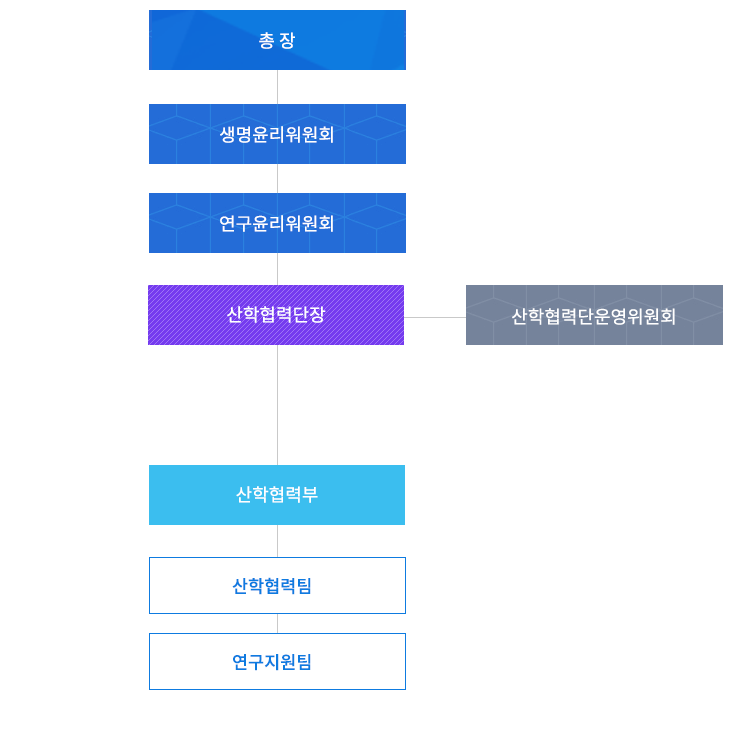 총장 밑에 생명윤리위원회, 연구윤리위원회 밑에 산학협력단장, 산학협력단운영위원회 밑에 공존협력연구소 밑에 산학협력부 밑에  산학협력팀, 연구지원팀